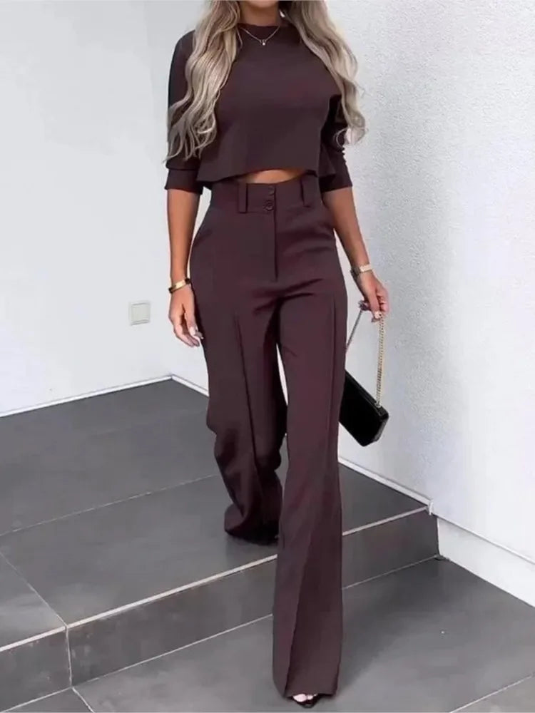 Women's  elegant casual crop top and high waist wide leg trouser set