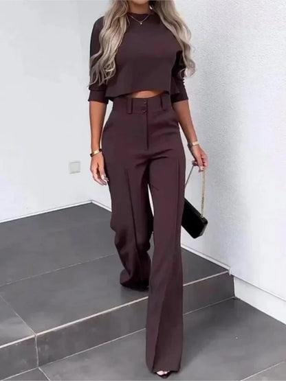 Women's  elegant casual crop top and high waist wide leg trouser set