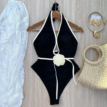Women's One-Piece Swimsuit - Halter Neck - Keyhole Front - Floral Waist Detail