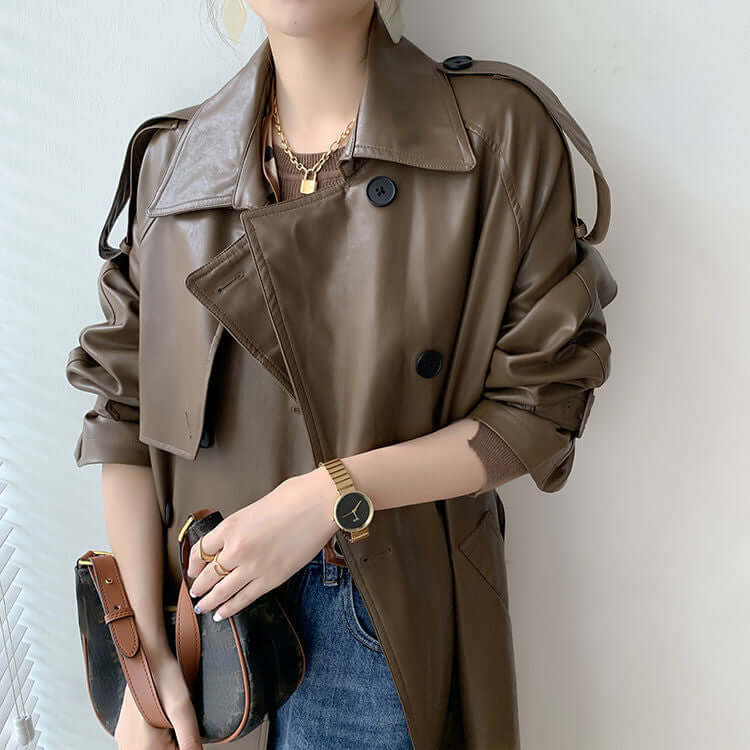 Leather Look Loose Fit Trench Coat 