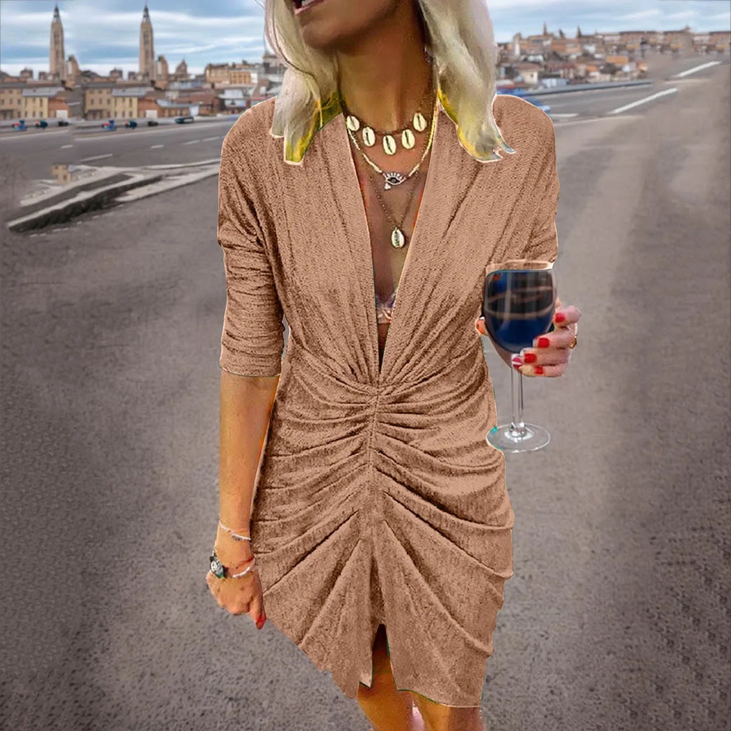 Women's V-Neck Dress - Ruched Waist - Knee-Length - 3/4 Sleeve Elegant Fit