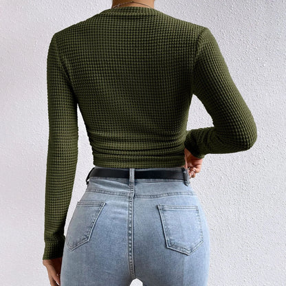 Women's waffle knit long sleeve t-shirt top