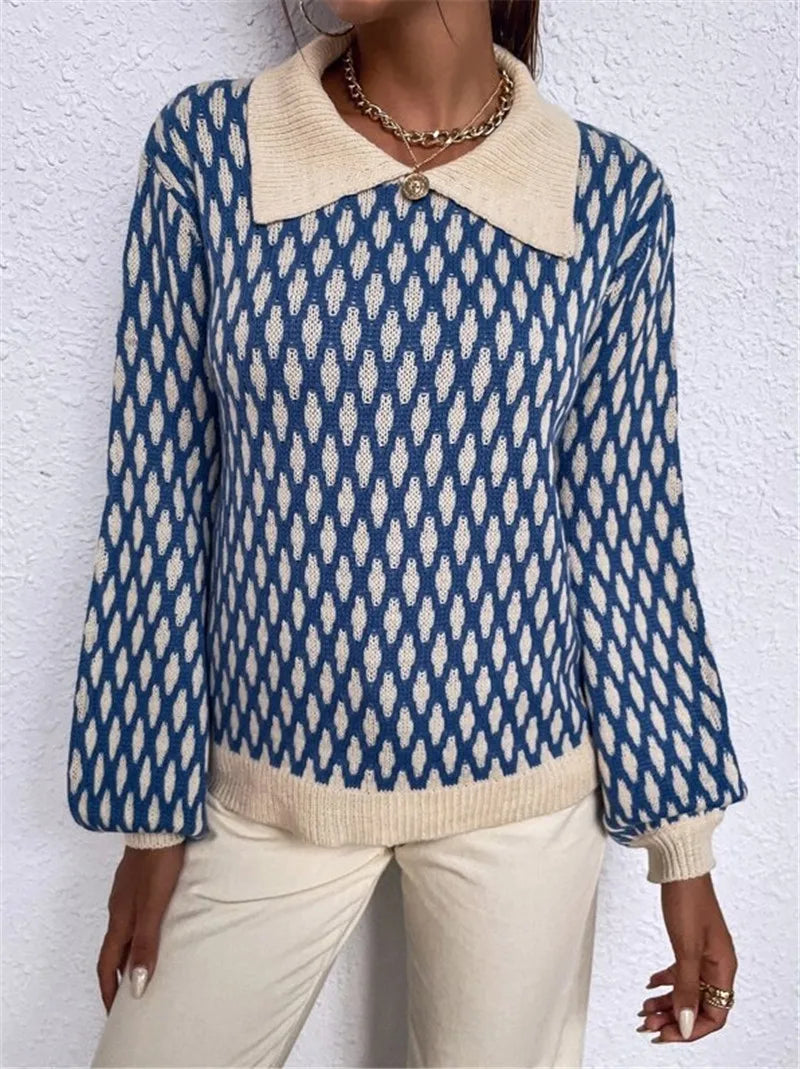 Women's vintage oversized knitwear plaid collar sweater