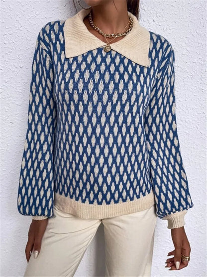 Women's vintage oversized knitwear plaid collar sweater