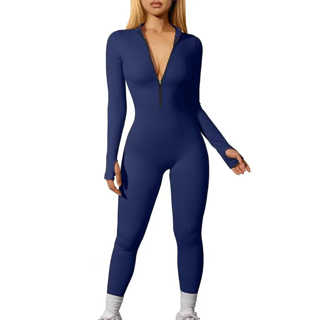 Women's Jumpsuit - Form-Fitting Stretch Fabric - Long Sleeve Zip Front - Casual Wear