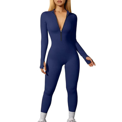 Women's Jumpsuit - Form-Fitting Stretch Fabric - Long Sleeve Zip Front - Casual Wear