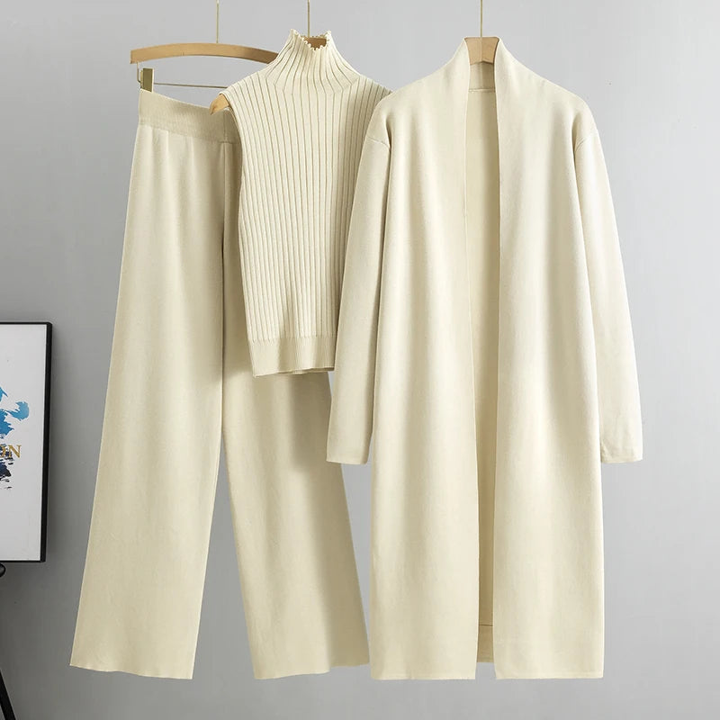 Women's three-piece knitted suit sleeveless vest cardigan and pants set