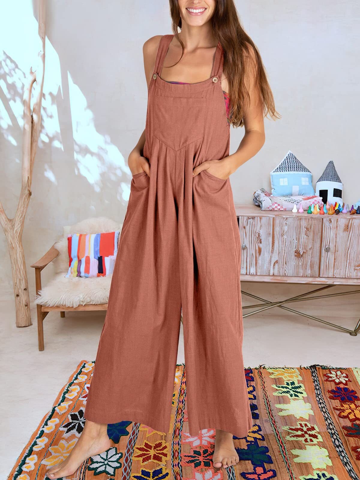 Women's Linen Jumpsuit - Loose Fit Wide-Leg - Sleeveless Adjustable Strap - Casual Wear