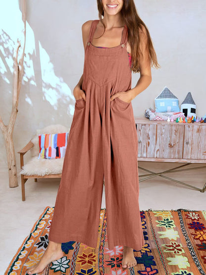 Women's Linen Jumpsuit - Loose Fit Wide-Leg - Sleeveless Adjustable Strap - Casual Wear