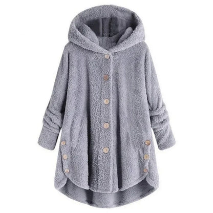 Women’s Fleece Jacket – Relaxed Fit – Hooded – Button Front – Long Back Hem – Pockets