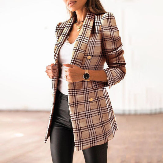 Tailored Check Pattern Double-Breasted Blazer