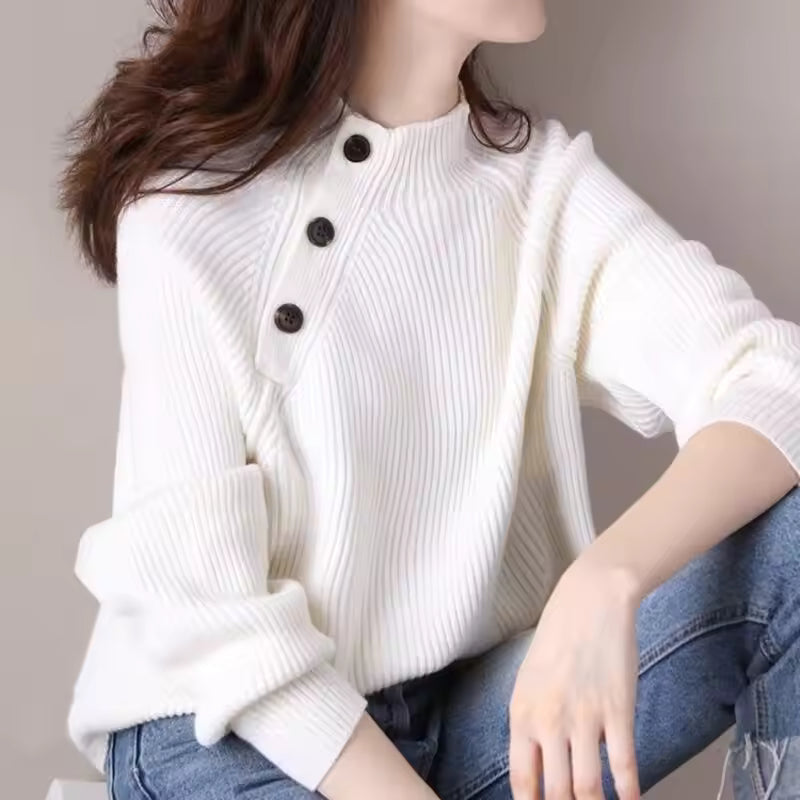 Rib-Knit Loose Fit Mock Neck Sweater 