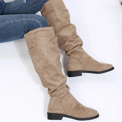 Women's high tube biker boots with chunky heel and round toe