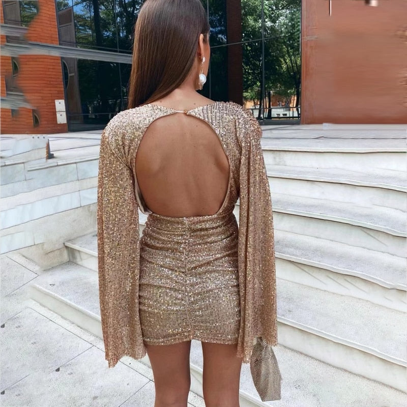 Women's Sequin Mini Dress - Deep V-Neck - Long Sleeve with Slit - Fitted Party Wear