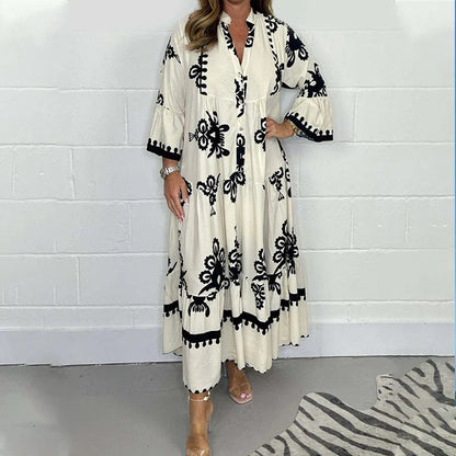 Women's elegant printed stand-up collar waist dress