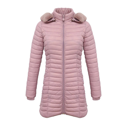 Women's slim fit winter puffer jacket with fur hood