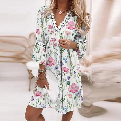 Women's Floral Dress - Loose Fit - V-Neck Lace Detail - Three-Quarter Sleeve Flowy Design