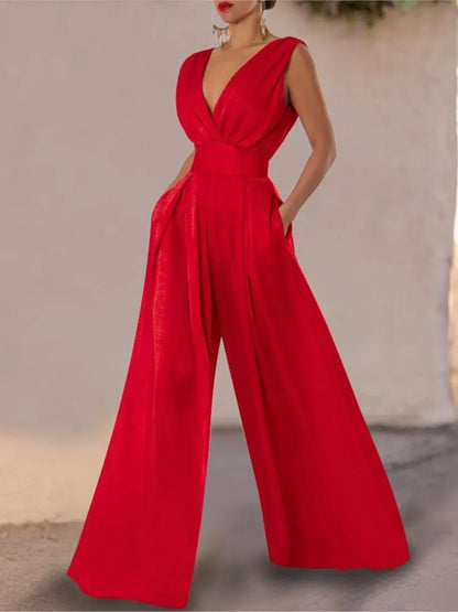 Women's Jumpsuit - Sleeveless V-Neck Wrap - Wide-Leg Elegant Fit - Lightweight Fabric