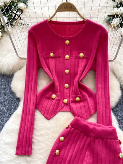 Women's metal button knitted top and high-leg pants set