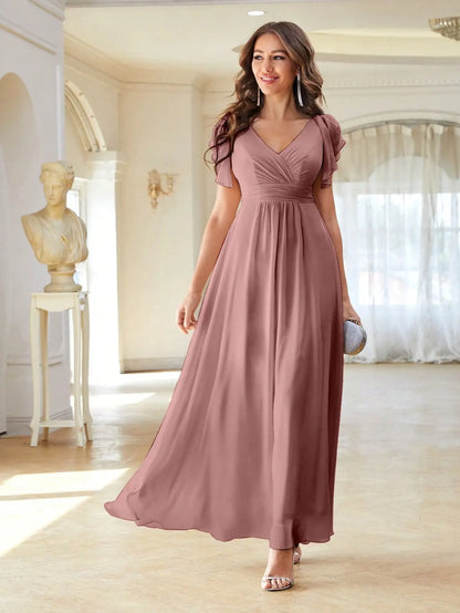 Women’s Evening Gown – Satin A-Line – V-Neck – Flutter Sleeves – Full Length Formal Wear