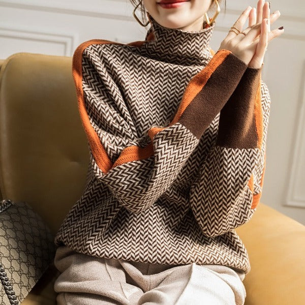Women’s Turtleneck Sweater - Herringbone Knit - Relaxed Fit - Contrast Sleeve Stripes