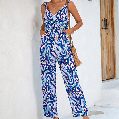 Women's Jumpsuit - Sleeveless Deep V-Neck - Wrap Style with Tie Belt - Full Length Printed