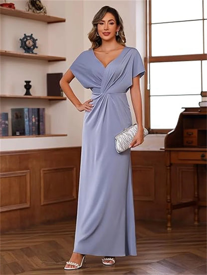 Women’s Maxi Dress – Satin Feel – Draped Waist – V-Neck – Short Sleeve Formal Fit