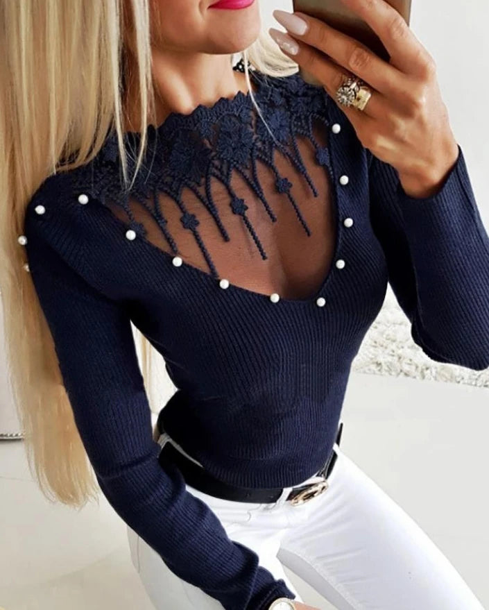 Women's Knit Sweater - Ribbed Long Sleeve - Lace V-Neck with Pearl Detailing
