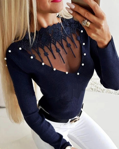 Women's Knit Sweater - Ribbed Long Sleeve - Lace V-Neck with Pearl Detailing