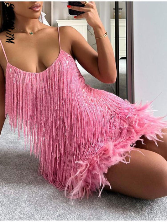 Fringe Feather Hem Spaghetti Strap Mini Dress