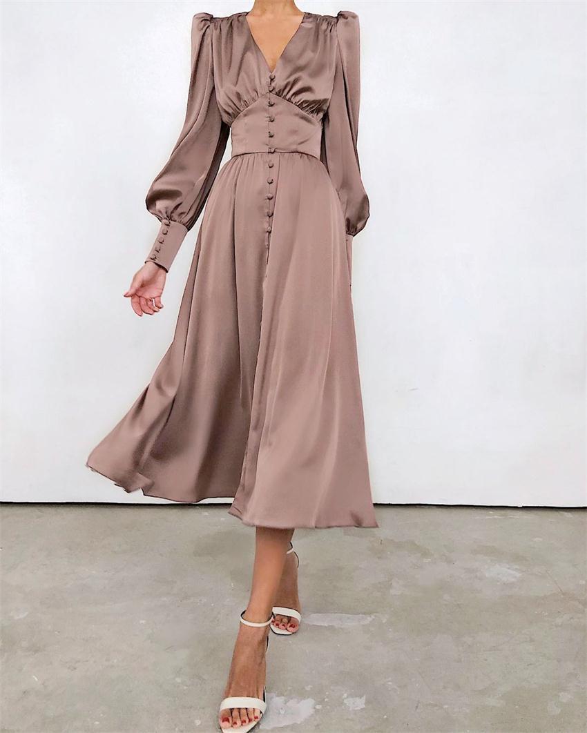 Women's Midi Dress - Satin Finish - Puff Sleeve V-Neck - Button Front A-Line