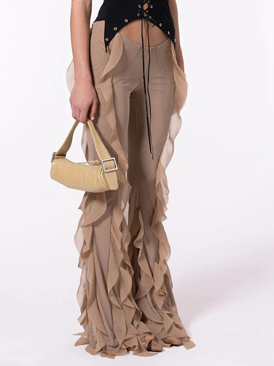Women's ruffle-trim sheer wide-leg pants