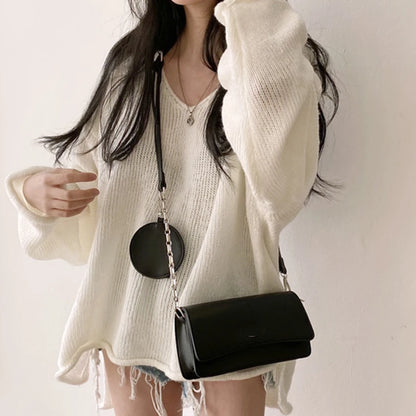 Women's vintage loose v-neck slit rolled edge sweater