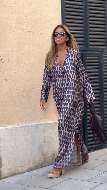 Women's Maxi Dress - V-Neck Long Sleeve - Flowing Loose Fit - Geometric Pattern