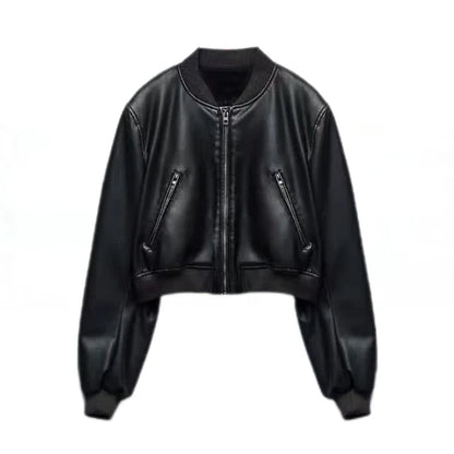 Women’s Bomber Jacket - Cropped Fit - Faux Leather - Zip Front - Ribbed Collar & Cuffs