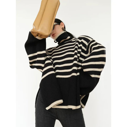 Ribbed Knit Striped Oversized Fit Pullover Sweater 