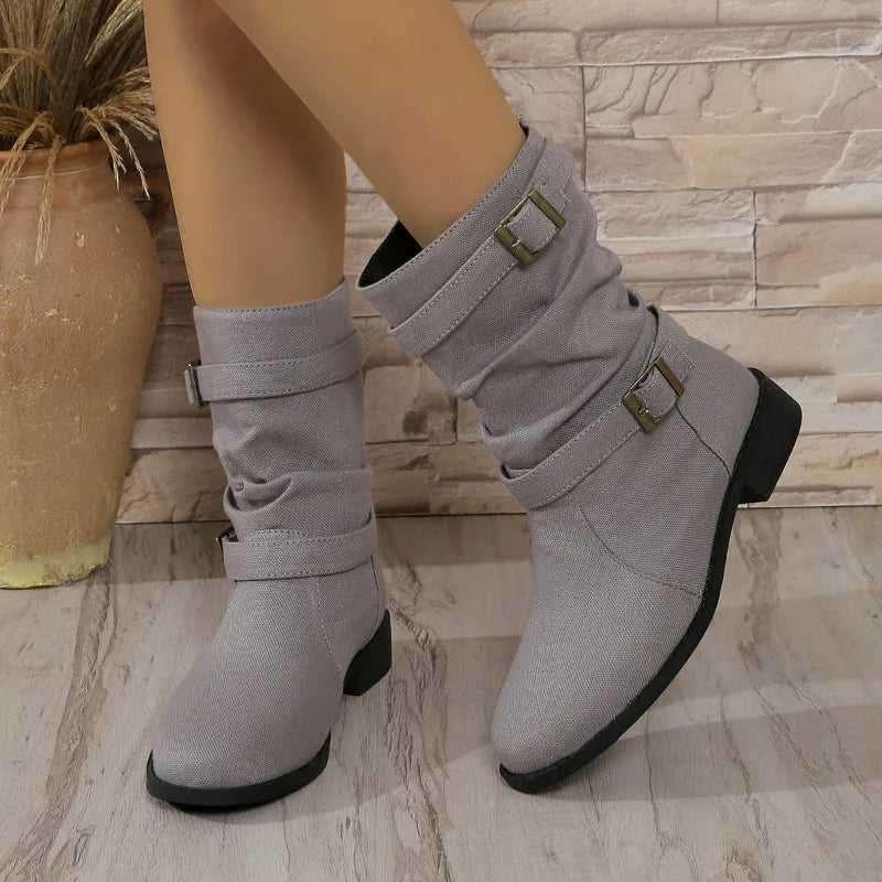 Women's denim buckle ankle boots