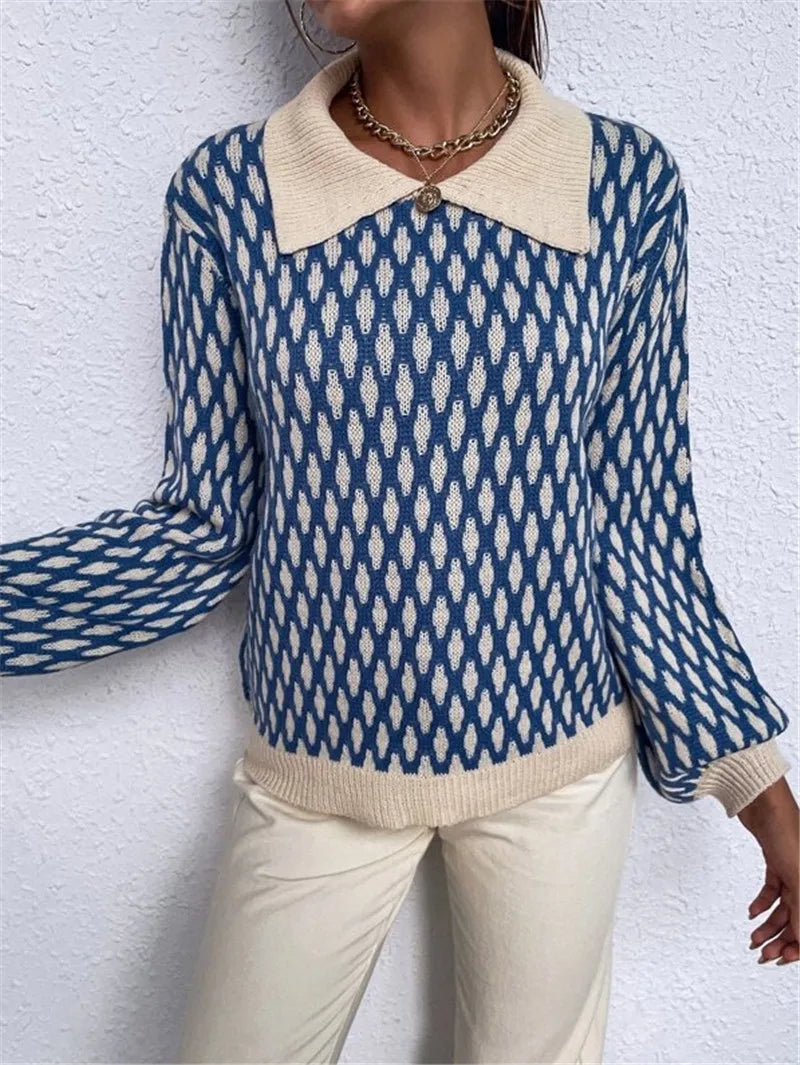 Women's vintage oversized knitwear plaid collar sweater