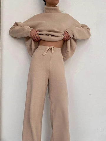 Women's winter turtleneck pullover and high waist pants set