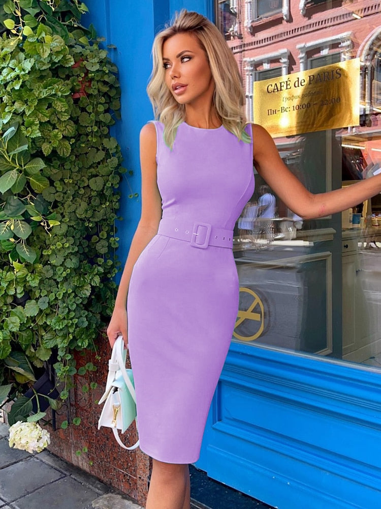 Women's Bodycon Dress - Sleeveless - High Neck - Knee-Length with Waist Belt