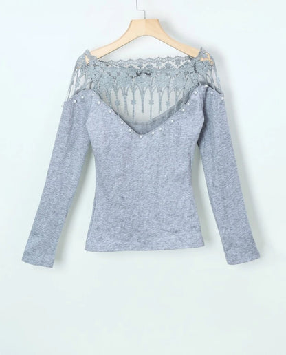 Women's Knit Sweater - Ribbed Long Sleeve - Lace V-Neck with Pearl Detailing