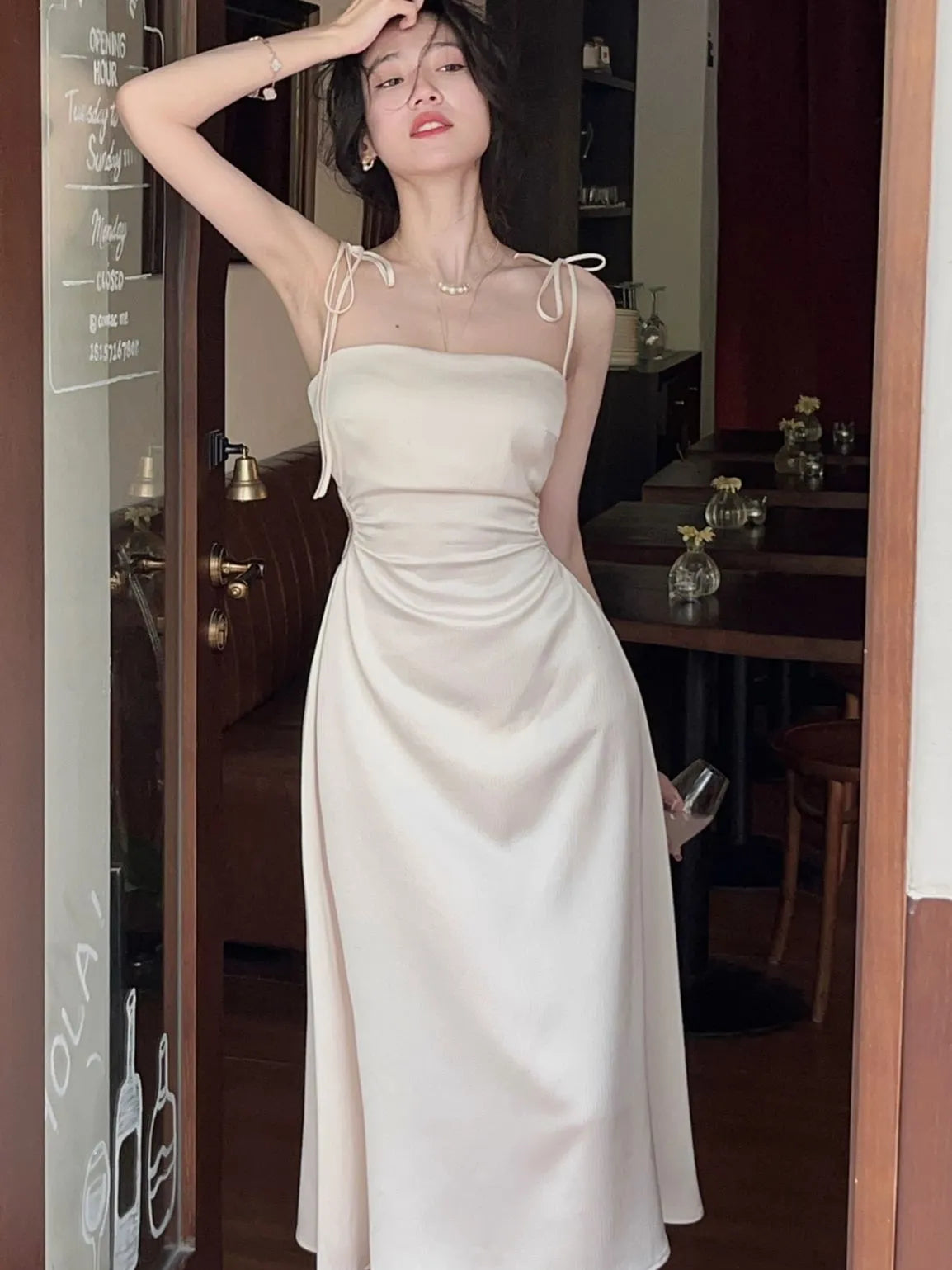 Women's Midi Dress - Satin Fabric - A-Line Silhouette - Spaghetti Strap Elegant Wear