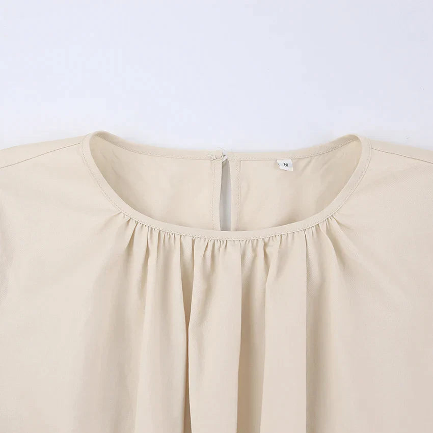 Women's Midi Dress - Puff Sleeve - Cut-Out Waist - A-Line Flowy Silhouette