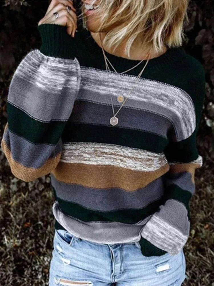 Women's round neck contrast stitch striped loose sweater