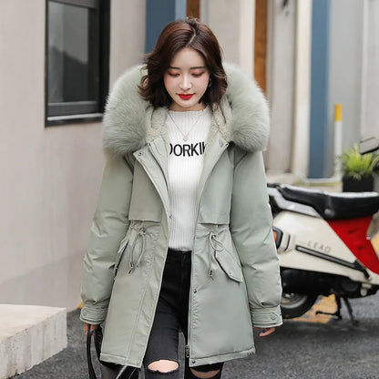 Women's winter jacket lined with removable fur faux collar and hood