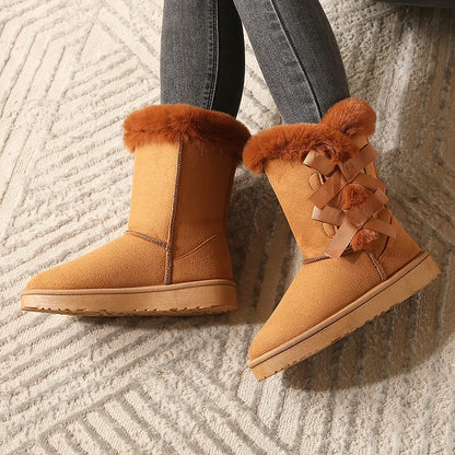 Women's mid-tube snow boots with bow decoration