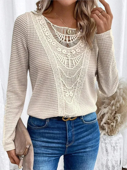 Women's Long-Sleeve Top - Waffle Knit - Lace Applique Detail - Scoop Neck - Relaxed Fit