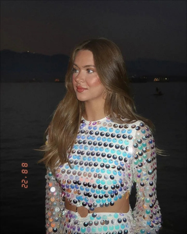 Women's Two-Piece Sequin Set - Long Sleeve Crop Top & Mini Skirt - Party Outfit