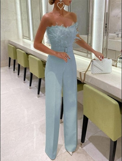 Feather Bodice Belted Wide Leg Jumpsuit