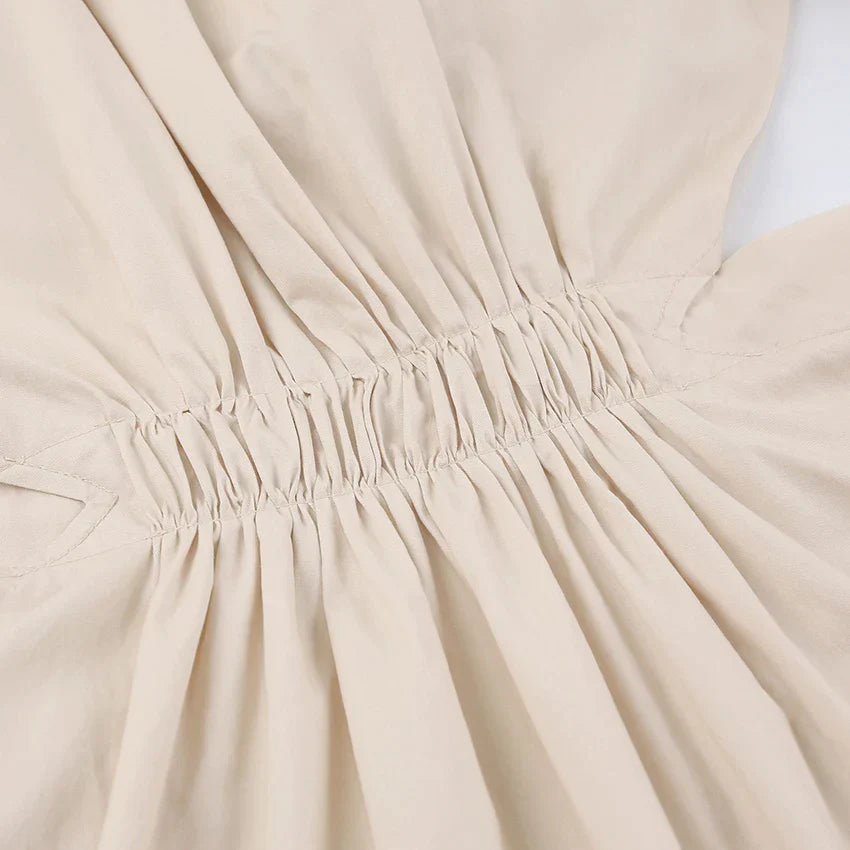Women's Midi Dress - Puff Sleeve - Cut-Out Waist - A-Line Flowy Silhouette